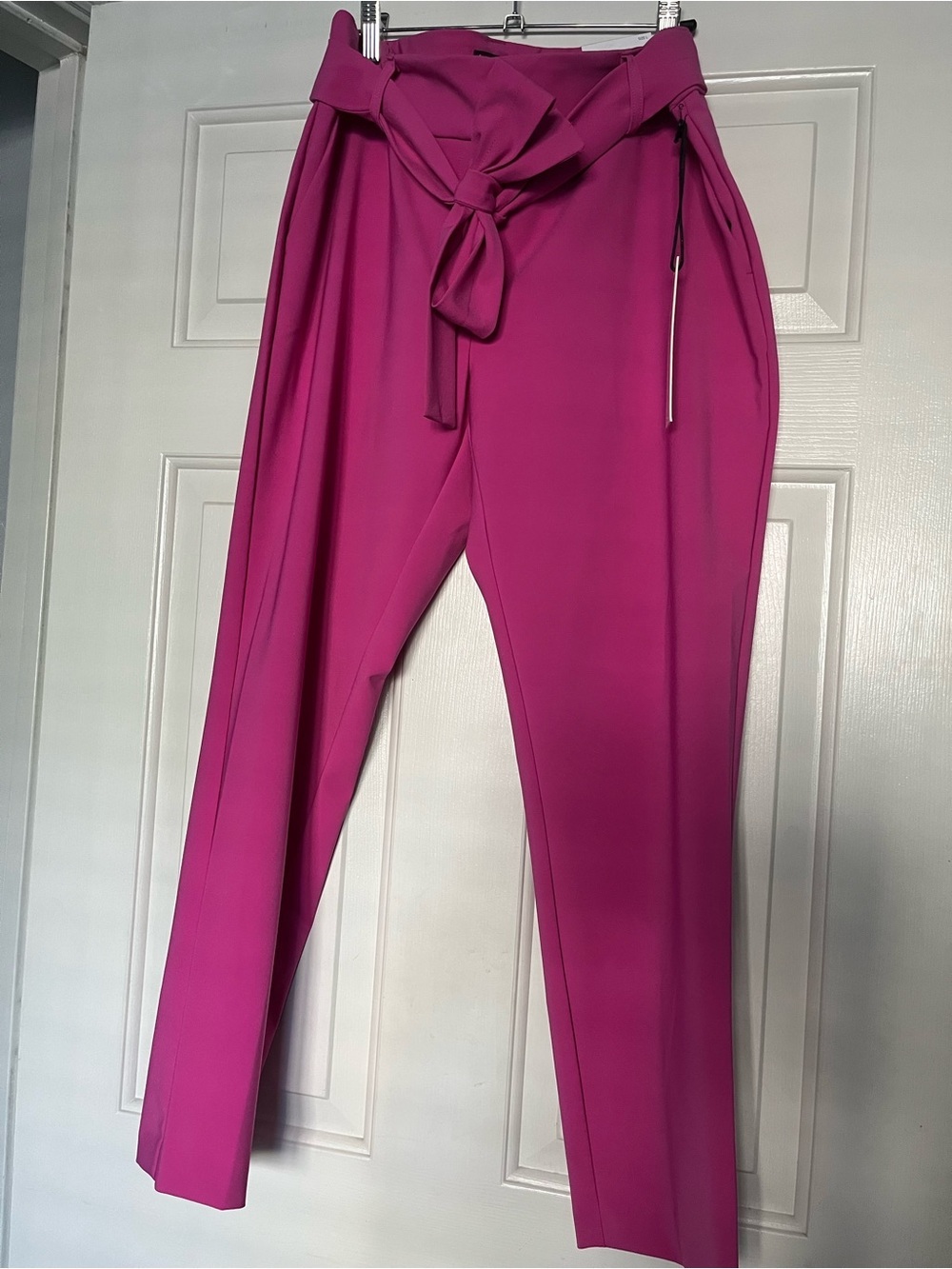Paperbag High-Waist Straight-Leg Trousers in Fuchsia Pink with Tie Belt
